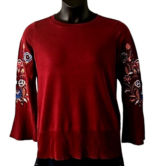 NWOT Belle by Kim Gravel Burgundy Embroidered Floral Bell Sleeve Sweater Size 8 - Picture 2 of 8